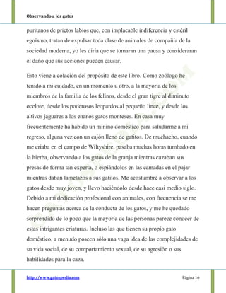 Observando a los gatos
http://www.gatospedia.com Página 16
puritanos de prietos labios que, con implacable indiferencia y estéril
egoísmo, tratan de expulsar toda clase de animales de compañía de la
sociedad moderna, yo les diría que se tomaran una pausa y consideraran
el daño que sus acciones pueden causar.
Esto viene a colación del propósito de este libro. Como zoólogo he
tenido a mi cuidado, en un momento u otro, a la mayoría de los
miembros de la familia de los felinos, desde el gran tigre al diminuto
ocelote, desde los poderosos leopardos al pequeño lince, y desde los
altivos jaguares a los enanos gatos monteses. En casa muy
frecuentemente ha habido un minino doméstico para saludarme a mi
regreso, alguna vez con un cajón lleno de gatitos. De muchacho, cuando
me criaba en el campo de Wiltyshire, pasaba muchas horas tumbado en
la hierba, observando a los gatos de la granja mientras cazaban sus
presas de forma tan experta, o espiándolos en las camadas en el pajar
mientras daban lametazos a sus gatitos. Me acostumbré a observar a los
gatos desde muy joven, y llevo haciéndolo desde hace casi medio siglo.
Debido a mi dedicación profesional con animales, con frecuencia se me
hacen preguntas acerca de la conducta de los gatos, y me he quedado
sorprendido de lo poco que la mayoría de las personas parece conocer de
estas intrigantes criaturas. Incluso las que tienen su propio gato
doméstico, a menudo poseen sólo una vaga idea de las complejidades de
su vida social, de su comportamiento sexual, de su agresión o sus
habilidades para la caza.
 