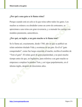 Observando a los gatos
http://www.gatospedia.com Página 174
¿Por qué a una gata se le llama reina?
Porque cuando está en celo es la que reina sobre todos los gatos. Los
machos se reúnen a su alrededor como un corro de cortesanos, se
aproximan a una reina con gran reverencia, y a menudo los castiga con
modales puramente, autocráticos.
¿Por qué, en inglés, a un gato macho se le llama tom?
Se le llama así, exactamente, desde 1760, año en que se publicó un
relato anónimo titulado Vida y aventuras de un gato. En él el “gato
conquistador”, como fue luego conocido el macho, recibía el nombre de
“Tom el gato”. El relato gozó de gran popularidad, y no pasó mucho
tiempo antes de que, en Inglaterra, para referirse a un gato macho se
empezase a emplear la palabra Tom, y así sigue popularmente, en el
idioma inglés, después de doscientos años.
 