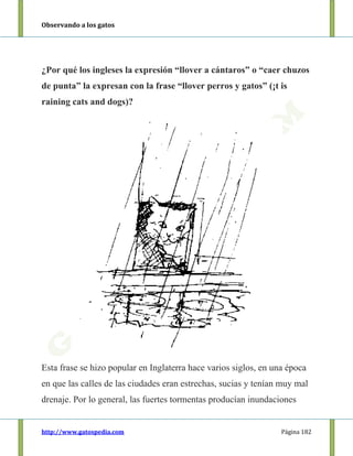 Observando a los gatos
http://www.gatospedia.com Página 182
¿Por qué los ingleses la expresión “llover a cántaros” o “caer chuzos
de punta” la expresan con la frase “llover perros y gatos” (¡t is
raining cats and dogs)?
Esta frase se hizo popular en Inglaterra hace varios siglos, en una época
en que las calles de las ciudades eran estrechas, sucias y tenían muy mal
drenaje. Por lo general, las fuertes tormentas producían inundaciones
 