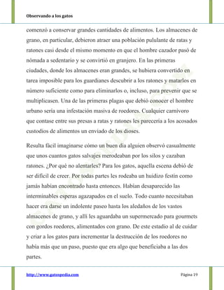 Observando a los gatos
http://www.gatospedia.com Página 19
comenzó a conservar grandes cantidades de alimentos. Los almacenes de
grano, en particular, debieron atraer una población pululante de ratas y
ratones casi desde el mismo momento en que el hombre cazador pasó de
nómada a sedentario y se convirtió en granjero. En las primeras
ciudades, donde los almacenes eran grandes, se hubiera convertido en
tarea imposible para los guardianes descubrir a los ratones y matarlos en
número suficiente como para eliminarlos o, incluso, para prevenir que se
multiplicasen. Una de las primeras plagas que debió conocer el hombre
urbano sería una infestación masiva de roedores. Cualquier carnívoro
que contase entre sus presas a ratas y ratones les parecería a los acosados
custodios de alimentos un enviado de los dioses.
Resulta fácil imaginarse cómo un buen día alguien observó casualmente
que unos cuantos gatos salvajes merodeaban por los silos y cazaban
ratones. ¿Por qué no alentarles? Para los gatos, aquella escena debió de
ser difícil de creer. Por todas partes les rodeaba un huidizo festín como
jamás habían encontrado hasta entonces. Habían desaparecido las
interminables esperas agazapados en el suelo. Todo cuanto necesitaban
hacer era darse un indolente paseo hasta los aledaños de los vastos
almacenes de grano, y allí les aguardaba un supermercado para gourmets
con gordos roedores, alimentados con grano. De este estadio al de cuidar
y criar a los gatos para incrementar la destrucción de los roedores no
había más que un paso, puesto que era algo que beneficiaba a las dos
partes.
 