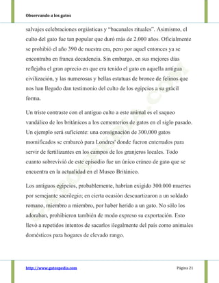 Observando a los gatos
http://www.gatospedia.com Página 21
salvajes celebraciones orgiásticas y “bacanales rituales”. Asimismo, el
culto del gato fue tan popular que duró más de 2.000 años. Oficialmente
se prohibió el año 390 de nuestra era, pero por aquel entonces ya se
encontraba en franca decadencia. Sin embargo, en sus mejores días
reflejaba el gran aprecio en que era tenido el gato en aquella antigua
civilización, y las numerosas y bellas estatuas de bronce de felinos que
nos han llegado dan testimonio del culto de los egipcios a su grácil
forma.
Un triste contraste con el antiguo culto a este animal es el saqueo
vandálico de los británicos a los cementerios de gatos en el siglo pasado.
Un ejemplo será suficiente: una consignación de 300.000 gatos
momificados se embarcó para Londres' donde fueron enterrados para
servir de fertilizantes en los campos de los granjeros locales. Todo
cuanto sobrevivió de este episodio fue un único cráneo de gato que se
encuentra en la actualidad en el Museo Británico.
Los antiguos egipcios, probablemente, habrían exigido 300.000 muertes
por semejante sacrilegio; en cierta ocasión descuartizaron a un soldado
romano, miembro a miembro, por haber herido a un gato. No sólo los
adoraban, prohibieron también de modo expreso su exportación. Esto
llevó a repetidos intentos de sacarlos ilegalmente del país como animales
domésticos para hogares de elevado rango.
 