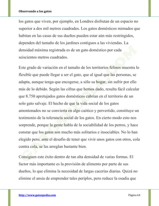 Observando a los gatos
http://www.gatospedia.com Página 64
los gatos que viven, por ejemplo, en Londres disfrutan de un espacio no
superior a dos mil metros cuadrados. Los gatos domésticos mimados que
habitan en las casas de sus dueños pueden estar aún más restringidos,
dependen del tamaño de los jardines contiguos a las viviendas. La
densidad máxima registrada es de un gato doméstico por cada
seiscientos metros cuadrados.
Este grado de variación en el tamaño de los territorios felinos muestra lo
flexible que puede llegar a ser el gato, que al igual que las personas, se
adapta, aunque tenga que encogerse, a sólo su hogar, sin sufrir por ello
más de lo debido. Según las cifras que hemos dado, resulta fácil calcular
que 8.750 apretujados gatos domésticos cabrían en el territorio de un
solo gato salvaje. El hecho de que la vida social de los gatos
amontonados no se convierta en algo caótico y pervertido, constituye un
testimonio de la tolerancia social de los gatos. En cierto modo esto nos
sorprende, porque la gente habla de la sociabilidad de los perros, y hace
constar que los gatos son mucho más solitarios e insociables. No lo han
elegido pero, ante el desafío de tener que vivir unos gatos con otros, cola
contra cola, se las arreglan bastante bien.
Consiguen este éxito dentro de tan alta densidad de varias formas. El
factor más importante es la provisión de alimento por parte de sus
dueños, lo que elimina la necesidad de largas cacerías diarias. Quizá no
elimine el ansia de emprender tales periplos, pero reduce la osadía que
 