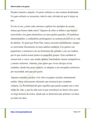 Observando a los gatos
http://www.gatospedia.com Página 69
Pueden tomarla o dejarla. Un perro solitario es una criatura desdichada.
Un gato solitario se encuentra, todo lo más, aliviado de que le dejen en
paz.
Si esto es así, ¿cómo cabe entonces explicar los ejemplos de ayuda
mutua que hemos dado antes? Algunos de ellos se deben a que hemos
convertido a los gatos domésticos en unos gatitos grandes. Al continuar
alimentándoles y cuidándoles prolongamos su carácter juvenil en su vida
de adultos. Al igual que Peter Pan, nunca crecerán mentalmente, aunque
se conviertan físicamente en unos adultos maduros. Los gatitos son
juguetones y amistosos con sus hermanos de camada y con sus madres,
por lo que suelen actuar juntos en pequeños grupos. Esta cualidad se
conservará, a veces, aun siendo adultos, haciéndoles menos competitivos
y menos solitarios. Además, esos gatos que viven salvajes en las
ciudades, donde hay poco espacio, se adaptan a sus encogidos territorios
por necesidad, más que por gusto.
Algunos animales pueden vivir sólo en grupos sociales íntimamente
unidos. Otros únicamente tolerarán una existencia por completo
solitaria. La flexibilidad del gato significa que puede aceptar uno u otro
modo de vida, y que ha sido esto lo que constituyó un factor clave para
su larga historia de éxitos, desde que se domesticó por primera vez hace
ya miles de años.
 