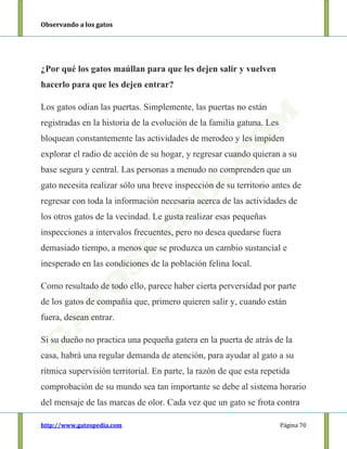 Observando a los gatos
http://www.gatospedia.com Página 70
¿Por qué los gatos maúllan para que les dejen salir y vuelven
hacerlo para que les dejen entrar?
Los gatos odian las puertas. Simplemente, las puertas no están
registradas en la historia de la evolución de la familia gatuna. Les
bloquean constantemente las actividades de merodeo y les impiden
explorar el radio de acción de su hogar, y regresar cuando quieran a su
base segura y central. Las personas a menudo no comprenden que un
gato necesita realizar sólo una breve inspección de su territorio antes de
regresar con toda la información necesaria acerca de las actividades de
los otros gatos de la vecindad. Le gusta realizar esas pequeñas
inspecciones a intervalos frecuentes, pero no desea quedarse fuera
demasiado tiempo, a menos que se produzca un cambio sustancial e
inesperado en las condiciones de la población felina local.
Como resultado de todo ello, parece haber cierta perversidad por parte
de los gatos de compañía que, primero quieren salir y, cuando están
fuera, desean entrar.
Si su dueño no practica una pequeña gatera en la puerta de atrás de la
casa, habrá una regular demanda de atención, para ayudar al gato a su
rítmica supervisión territorial. En parte, la razón de que esta repetida
comprobación de su mundo sea tan importante se debe al sistema horario
del mensaje de las marcas de olor. Cada vez que un gato se frota contra
 