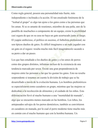 Observando a los gatos
http://www.gatospedia.com Página 9
Como regla general, poseen una personalidad más fuerte, más
independiente e inclinada a la acción. El tan ensalzado fenómeno de la
“lealtad al grupo” es algo tan ajeno a los gatos como a las personas que
los aman. Si se es amante de reuniones, miembro de una peña, uno de la
pandilla de muchachos o componente de un equipo, existe la posibilidad
casi segura de que en su casa no haya un gato acurrucado junto al fuego.
El yuppie ambicioso, el político en ascenso, el futbolista profesional, no
son típicos dueños de gatos. Es difícil imaginarse a un rudo jugador con
un gato en el regazo: resulta mucho más fácil imaginárnoslo sacando a
su perro a dar un paseo.
Los que han estudiado a los dueños de gatos y a los amos de perros
como dos grupos distintos, informan incluso de la existencia de una
tendencia marcada por sexos. Existe una gran preponderancia de
mujeres entre las personas a las que les gustan los gatos. Esto no resulta
sorprendente si tenemos en cuenta la división de trabajo que se ha
desarrollado a través de la evolución humana. Los hombres prehistóricos
se especializaron como cazadores en grupo, mientras que las mujeres se
dedicaban a la recolección de alimentos y al cuidado de los niños. Esta
diferenciación llevó al macho humano a una “mentalidad de manada”,
algo que se encuentra menos marcado en las hembras. Los lobos, los
antepasados salvajes de los perros domésticos, también se convirtieron
en cazadores en manada, por lo cual el perro moderno tiene mucho más
en común con el macho humano que con la hembra humana. Un
 