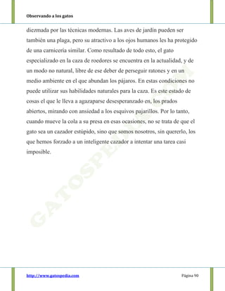 Observando a los gatos
http://www.gatospedia.com Página 90
diezmada por las técnicas modernas. Las aves de jardín pueden ser
también una plaga, pero su atractivo a los ojos humanos les ha protegido
de una carnicería similar. Como resultado de todo esto, el gato
especializado en la caza de roedores se encuentra en la actualidad, y de
un modo no natural, libre de ese deber de perseguir ratones y en un
medio ambiente en el que abundan los pájaros. En estas condiciones no
puede utilizar sus habilidades naturales para la caza. Es este estado de
cosas el que le lleva a agazaparse desesperanzado en, los prados
abiertos, mirando con ansiedad a los esquivos pajarillos. Por lo tanto,
cuando mueve la cola a su presa en esas ocasiones, no se trata de que el
gato sea un cazador estúpido, sino que somos nosotros, sin quererlo, los
que hemos forzado a un inteligente cazador a intentar una tarea casi
imposible.
 