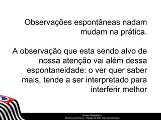 Observações espontâneas nadam 
mudam na prática. 
A observação que esta sendo alvo de 
nossa atenção vai além dessa 
espontaneidade: o ver quer saber 
mais, tende a ser interpretado para 
interferir melhor 
SECRETARIA DA EDUCAÇÃO 
Núcleo Pedagógico 
Diretoria Coordenadoria de Ensino de – Região Gestão de da São Educação José dos Básica 
Campos 
 