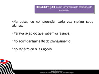 OBSERVAÇÃO como ferramenta do cotidiano do 
OBSERVAÇÃO como ferramenta do cotidiano do 
professor 
professor 
•Na busca de compreender cada vez melhor seus 
alunos; 
•Na avaliação do que sabem os alunos; 
•No acompanhamento do planejamento; 
•No registro de suas ações. 
SECRETARIA DA EDUCAÇÃO 
Núcleo Pedagógico 
Diretoria Coordenadoria de Ensino de – Região Gestão de da São Educação José dos Básica 
Campos 
 