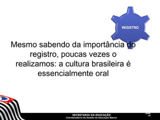 SECRETARIA DA EDUCAÇÃO 
Coordenadoria de Gestão da Educação Básica 
Slide 
18 
Mesmo sabendo da importância do 
registro, poucas vezes o 
realizamos: a cultura brasileira é 
essencialmente oral 
 