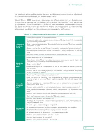 27
3. A observação da aula
nar os alunos, a interacção professor-alunos, a gestão dos comportamentos na sala de aula
ou o envolvimento dos alunos nas actividades escolares.
Watson-Davies (2009) sugere que a observação e a reflexão se centrem em dois aspectos:
um, em que se pretende que o professor melhore as suas competências; outro, que encora-
je o professor a inovar através da adopção de uma nova abordagem, metodologia ou activida-
de. Estes dois focos poderão ser trabalhados durante um período lectivo e, posteriormente,
alterados de acordo com as necessidades evidenciadas pelos professores.
Quadro 5 – Exemplos de focos de observação e de questões orientadoras
Organização
da sala de
aula *
Como estão dispostas as mesas e as cadeiras?--
A que distância uns dos outros se sentam os alunos? E do professor? Os alunos estão--
agrupados de alguma forma?
Qual o aspecto da sala de aula? O que está afixado nas paredes? Que recursos estão--
disponíveis na sala?
Existe muito barulho na sala? Existem interrupções causadas por factores exteriores?--
As cadeiras são confortáveis? Existe suficiente luz e espaço de trabalho na sala de--
aula?
Os alunos podem escolher os lugares onde se sentam em cada aula?--
Gestão da
sala de
aula *
Quem define o que se vai fazer na aula?--
Este plano é flexível? Qual é a reacção do professor e dos alunos quando alguém faz--
uma pergunta ou aborda um tema diferente do planeado?
Qual é a rotina diária?--
Quais são as regras de funcionamento da sala de aula? Quem as define? Como são--
comunicadas?
Como é que os alunos estão organizados para trabalhar – individualmente, em grande--
grupo, em pequenos grupos?
Interacção
na sala de
aula *
Quem fala? Para quem e durante quanto tempo?--
Qual é o padrão de interacção – fala uma pessoa de cada vez, muitas pessoas ao--
mesmo tempo, ou um misto? Quem regula este padrão? Como é dada a palavra às
pessoas?
Como é que os alunos e o professor falam uns com os outros (interrompendo, partindo--
do que outro disse, etc.)?
Sobre o que é que se fala na aula (actividades lectivas, experiências pessoais, etc.)?--
Com que frequência existem silêncios e como é que o professor e os alunos lidam com--
eles?
Como é que o professor e os alunos lidam com opiniões diferentes das suas?--
Com que frequência existem desacordos? São sobre o quê?--
Discurso do
professor *
Como é que o professor felicita os alunos?--
Que tipos de perguntas faz o professor (de resposta sim/não, com uma resposta certa,--
de resposta aberta, etc.)?
A quem é que o professor dirige as perguntas?--
O professor dá tempo para os alunos pensarem depois de fazer uma pergunta?--
Que tipo de-- feedback dá o professor às perguntas dos alunos?
O professor encoraja ou desencoraja a formulação de perguntas?--
Como é que o professor mostra que está a ouvir?--
Como é que o professor dá instruções?--
Como é que o professor estimula a discussão?--
 