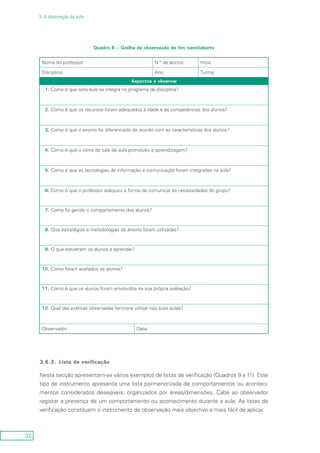 32
3. A observação da aula
Quadro 8 – Grelha de observação de fim (semi)aberto
Nome do professor: N.º de alunos: Hora:
Disciplina: Ano: Turma:
Aspectos a observar
1.	Como é que esta aula se integra no programa da disciplina?
2.	Como é que os recursos foram adequados à idade e às competências dos alunos?
3.	Como é que o ensino foi diferenciado de acordo com as características dos alunos?
4.	Como é que o clima de sala de aula promoveu a aprendizagem?
5.	Como é que as tecnologias de informação e comunicação foram integradas na aula?
6.	Como é que o professor adequou a forma de comunicar às necessidades do grupo?
7.	Como foi gerido o comportamento dos alunos?
8.	Que estratégias e metodologias de ensino foram utilizadas?
9.	O que estiveram os alunos a aprender?
10.	Como foram avaliados os alunos?
11.	Como é que os alunos foram envolvidos na sua própria avaliação?
12.	Qual das práticas observadas tenciona utilizar nas suas aulas?
Observador: Data:
3.6.3.	 Lista de verificação
Nesta secção apresentam-se vários exemplos de listas de verificação (Quadros 9 a 11). Este
tipo de instrumento apresenta uma lista pormenorizada de comportamentos ou aconteci-
mentos considerados desejáveis, organizados por áreas/dimensões. Cabe ao observador
registar a presença de um comportamento ou acontecimento durante a aula. As listas de
verificação constituem o instrumento de observação mais objectivo e mais fácil de aplicar.
 