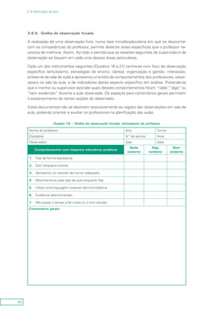 40
3. A observação da aula
3.6.6.	 Grelha de observação focada
A realização de uma observação livre, numa fase inicial/exploratória em que se desconhe-
cem as competências do professor, permite detectar áreas específicas que o professor ne-
cessita de melhorar. Assim, faz todo o sentido que as sessões seguintes de supervisão e de
observação se foquem em cada uma dessas áreas particulares.
Cada um dos instrumentos seguintes (Quadros 16 a 21) centra-se num foco de observação
específico (entusiasmo; estratégias de ensino; clareza; organização e gestão; interacção;
ambiente de sala de aula) e apresenta uma lista de comportamentos dos professores, obser-
váveis na sala de aula, e de indicadores desse aspecto específico em análise. Pretende-se
que o mentor ou supervisor assinale quais desses comportamentos foram “nada”, “algo” ou
“bem evidentes” durante a aula observada. Os espaços para comentários gerais permitem
o esclarecimento de certas opções do observador.
Estes documentos não se destinam exclusivamente ao registo das observações em sala de
aula, podendo orientar e auxiliar os professores na planificação das aulas.
Quadro 16 – Grelha de observação focada: entusiasmo do professor
Nome do professor: Ano: Turma:
Disciplina: N.º de alunos: Hora:
Observador: Sala: Data:
Comportamentos com impactos educativos positivos
Nada
evidente
Algo
evidente
Bem
evidente
1.	 Fala de forma expressiva.
2.	Sorri enquanto ensina.
3.	Apresenta um sentido de humor adequado.
4.	Movimenta-se pela sala de aula enquanto fala.
5.	Utiliza uma linguagem corporal não-intimidatória.
6.	Evidencia descontracção.
7.	Não passa o tempo a ler notas ou o livro escolar.
Comentários gerais:
 