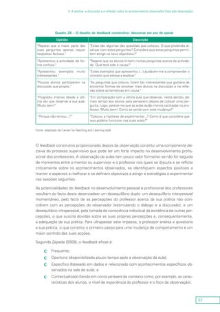 57
4. A análise, a discussão e a reflexão sobre os acontecimentos observados (fase pós-observação)
Quadro 28 – O desafio do feedback construtivo: descrever em vez de opinar
Opinião Descrição
"Reparei que a maior parte das
suas perguntas apenas requer
respostas factuais."
"Estas são algumas das questões que colocou. O que pretendia al-
cançar com estas perguntas? Considera que estas perguntas permi-
tem atingir os seus objectivos?"
"Apresentou a actividade de for-
ma confusa."
"Reparei que os alunos tinham muitas perguntas acerca da activida-
de. Qual terá sido a causa?"
"Apresentou exemplos muito
interessantes."
"Estes exemplos que apresentou (...) ajudaram-me a compreender o
conceito que esteve a explicar."
"Poucos alunos participaram na
discussão que propôs."
"As perguntas que colocou foram tão interessantes que gostaria de
encontrar formas de envolver mais alunos na discussão e na refle-
xão sobre as temáticas em causa."
"Progrediu imenso desde a últi-
ma vez que observei a sua aula.
Muito bem!"
"Em comparação com a última aula que observei, nesta decidiu dar
mais tempo aos alunos para pensarem depois de colocar uma per-
gunta. Logo, parece-me que as aulas estão menos centradas no pro-
fessor. Muito bem! Como se sente com esta mudança?"
“Porque não tentou...?” "Colocou a hipótese de experimentar...? Como é que considera que
isso poderia funcionar nas suas aulas?"
Fonte: adaptado de Center for Teaching and Learning (s/d).
O feedback construtivo proporcionado depois da observação constitui uma componente de-
cisiva do processo supervisivo que pode ter um forte impacto no desenvolvimento profis-
sional dos professores. A observação de aulas tem pouco valor formativo se não for seguida
de momentos entre o mentor ou supervisor e o professor nos quais se discuta e se reflicta
criticamente sobre os acontecimentos observados, se identifiquem aspectos positivos a
manter e aspectos a melhorar e se definam objectivos a atingir e estratégias a experimentar
nas sessões seguintes.
As potencialidades do feedback no desenvolvimento pessoal e profissional dos professores
resultam do facto deste desencadear um desequilíbrio duplo: um desequilíbrio interpessoal
momentâneo, pelo facto de as percepções do professor acerca da sua prática não coin-
cidirem com as percepções do observador (estimulando o diálogo e a discussão); e um
desequilíbrio intrapessoal, pela tomada de consciência individual da existência de outras per-
cepções, o que suscita dúvidas sobre as suas próprias percepções e, consequentemente,
a adequação da sua prática. Para ultrapassar este impasse, o professor analisa e questiona
a sua prática, o que constitui o primeiro passo para uma mudança de comportamento e um
maior controlo das suas acções.
Segundo Zepeda (2009), o feedback eficaz é:
Frequente;cc
Oportuno (disponibilizado pouco tempo após a observação da aula);cc
Específico (baseado em dados e relacionado com acontecimentos específicos ob-cc
servados na sala de aula); e
Contextualizado (tendo em conta variáveis de contexto como, por exemplo, as carac-cc
terísticas dos alunos, o nível de experiência do professor e o foco da observação).
 