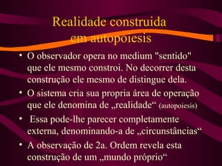 Realidade construida
em autopoiesis
• O observador opera no medium "sentido"
que ele mesmo constroi. No decorrer desta
construção ele mesmo de distingue dela.
• O sistema cria sua propria área de operação
que ele denomina de „realidade“ (autopoiesis)
• Essa pode-lhe parecer completamente
externa, denominando-a de „circunstâncias“
• A observação de 2a. Ordem revela esta
construção de um „mundo próprio“
 