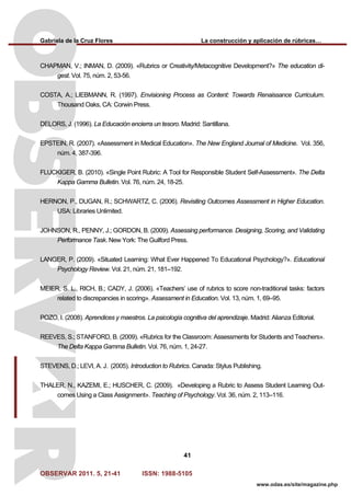 Gabriela de la Cruz Flores La construcción y aplicación de rúbricas…
OBSERVAR 2011. 5, 21-41 ISSN: 1988-5105
41
www.odas.es/site/magazine.php
CHAPMAN, V.; INMAN, D. (2009). «Rubrics or Creativity/Metacognitive Development?» The education di-
gest. Vol. 75, núm. 2, 53-56.
COSTA, A.; LIEBMANN, R. (1997). Envisioning Process as Content: Towards Renaissance Curriculum.
Thousand Oaks, CA: Corwin Press.
DELORS, J. (1996). La Educación encierra un tesoro. Madrid: Santillana.
EPSTEIN, R. (2007). «Assessment in Medical Education». The New England Journal of Medicine. Vol. 356,
núm. 4, 387-396.
FLUCKIGER, B. (2010). «Single Point Rubric: A Tool for Responsible Student Self-Assessment». The Delta
Kappa Gamma Bulletin. Vol. 76, núm. 24, 18-25.
HERNON, P., DUGAN, R.; SCHWARTZ, C. (2006). Revisiting Outcomes Assessment in Higher Education.
USA: Libraries Unlimited.
JOHNSON, R., PENNY, J.; GORDON, B. (2009). Assessing performance. Designing, Scoring, and Validating
Performance Task. New York: The Guilford Press.
LANGER, P. (2009). «Situated Learning: What Ever Happened To Educational Psychology?». Educational
Psychology Review. Vol. 21, núm. 21, 181–192.
MEIER, S. L., RICH, B.; CADY, J. (2006). «Teachers’ use of rubrics to score non-traditional tasks: factors
related to discrepancies in scoring». Assessment in Education. Vol. 13, núm. 1, 69–95.
POZO, I. (2008). Aprendices y maestros. La psicología cognitiva del aprendizaje. Madrid: Alianza Editorial.
REEVES, S.; STANFORD, B. (2009). «Rubrics for the Classroom: Assessments for Students and Teachers».
The Delta Kappa Gamma Bulletin. Vol. 76, núm. 1, 24-27.
STEVENS, D.; LEVI, A. J. (2005). Introduction to Rubrics. Canada: Stylus Publishing.
THALER, N., KAZEMI, E.; HUSCHER, C. (2009). «Developing a Rubric to Assess Student Learning Out-
comes Using a Class Assignment». Teaching of Psychology. Vol. 36, núm. 2, 113–116.
 