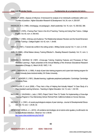 José Luis Menéndez Varela Fundamentos de un programa de tutoría…
OBSERVAR 2011. 5, 42-67 ISSN: 1988-5105
65
www.odas.es/site/magazine.php
GREEN, P. (2005). «Spaces of influence: A framework for analysis of an individual's contribution within com-
munities of practice». Higher Education Research & Development. Vol. 24, núm. 4, 293-307.
KNOWLES, M. S. (1968). «Andragogy, not pedagogy!». Adult Leadership. Vol. 16, núm. 10, 350-352, 386.
HAWKINS, T. (1978). «Training Peer Tutors in the Art of Teaching: Training and Using Peer Tutors». College
English. Vol. 40, núm. 4, 440-443.
HAWKINS, T. (1980). «Intimacy and Audience: The Relationship between Revision and the Social Dimension
of Peer Tutoring». College English. Vol. 42, núm. 1, 64-68.
HEALY, D. (1991). «Tutorial role conflict in the writing center». Writing Center Journal. Vol. 11, núm. 2, 41-50.
JUEL, C. (1996). «What Makes Literacy Tutoring Effective?». Reading Research Quarterly. Vol. 31, núm. 3,
268-289.
KERMANI, H.; MAHNAZ, M. (1997). «Cross-age Tutoring: Exploring Features and Processes of Peer-
Mediated Learning». Paper presented at the Annual Meeting of the American Educational Research
Association (Chicago, IL, March 24-28, 1997), 1-16.
LASELL DAWSON, M. J. (1990). A study of peer tutor training programs and a peer tutor training program for
Drake Univesity (tesis doctoral inédita). S/l: Drake University.
LAVE, J.; WENGER, E. (1991). Situated learning. Legitimate peripheral participation. Cambridge: Cambridge
University Press.
LONGFELLOW, E. et al. (2008). «"They Had a Way of Helping that Actually Helped:" A Case Study of a
Peer-Assisted Learning Scheme». Teaching in Higher Education. Vol. 13, núm. 1, 93-105.
McCLURE, J.; VAUGHAN, L. (eds.). (1997). Project Tutor's "How To" Guide: For Implementing a Cross-Age
Tutoring Program in Your Elementary School. Rohnert Park: California Institute on Human Services.
MEDWAY, F. J. (1991). «A social psychological analysis of peer tutoring». Journal of Developmental Educa-
tion. Vol. 15, núm. 1, 20-26, 32.
MENÉNDEZ VARELA, J. L. (2010). «El problema terminológico de la tutoría entre iguales y la afirmación de
su especificidad didáctica». Observar. Vol. 4, 66-94.
http://www.odas.es/site/new.php?nid=28
 
