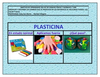 OBJETIVO DE APRENDIZAJE DEL EJE DE CIENCIAS FÍSICAS Y QUÍMICAS 1° EGB
OBSERVAR Y DESCRIBIR LOS CAMBIOS QUE SE PRODUCEN EN LOS MATERIALES AL APLICARLES FUERZA, LUZ,
CALOR Y AGUA.
PROFESORAS: Ruby San Martín - Maribel Villagrán




                             PLASTICINA
En estado normal                 Aplicamos fuerza                      ¿Qué pasa?
 