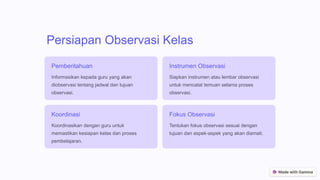 Persiapan Observasi Kelas
Pemberitahuan
Informasikan kepada guru yang akan
diobservasi tentang jadwal dan tujuan
observasi.
Instrumen Observasi
Siapkan instrumen atau lembar observasi
untuk mencatat temuan selama proses
observasi.
Koordinasi
Koordinasikan dengan guru untuk
memastikan kesiapan kelas dan proses
pembelajaran.
Fokus Observasi
Tentukan fokus observasi sesuai dengan
tujuan dan aspek-aspek yang akan diamati.
 