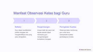 Manfaat Observasi Kelas bagi Guru
Refleksi
Guru dapat merefleksikan
praktik mengajar dan
mengidentifikasi area yang
perlu ditingkatkan.
Pengembangan
Umpan balik dan saran dari
kepala sekolah dapat
membantu guru
mengembangkan
kompetensi mengajar.
Peningkatan Kualitas
Observasi kelas mendorong
guru untuk terus
memperbaiki kualitas
pembelajaran di kelas.
 