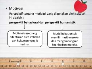 • Motivasi
Perspektif tentang motivasi yang digunakan oleh sekolah
ini adalah :
perspektif behavioral dan perspektif humanistik.
Motivasi seseorang
ditentukan oleh imbalan
dan hukuman yang ia
terima.
Murid bebas untuk
memilih nasib mereka
dan mengembangkan
kepribadian mereka.
 