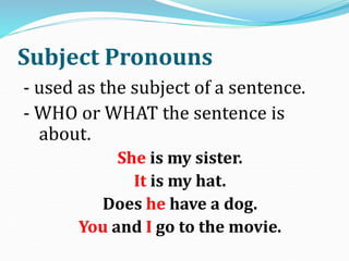 Subject Pronouns
- used as the subject of a sentence.
- WHO or WHAT the sentence is
about.
She is my sister.
It is my hat....