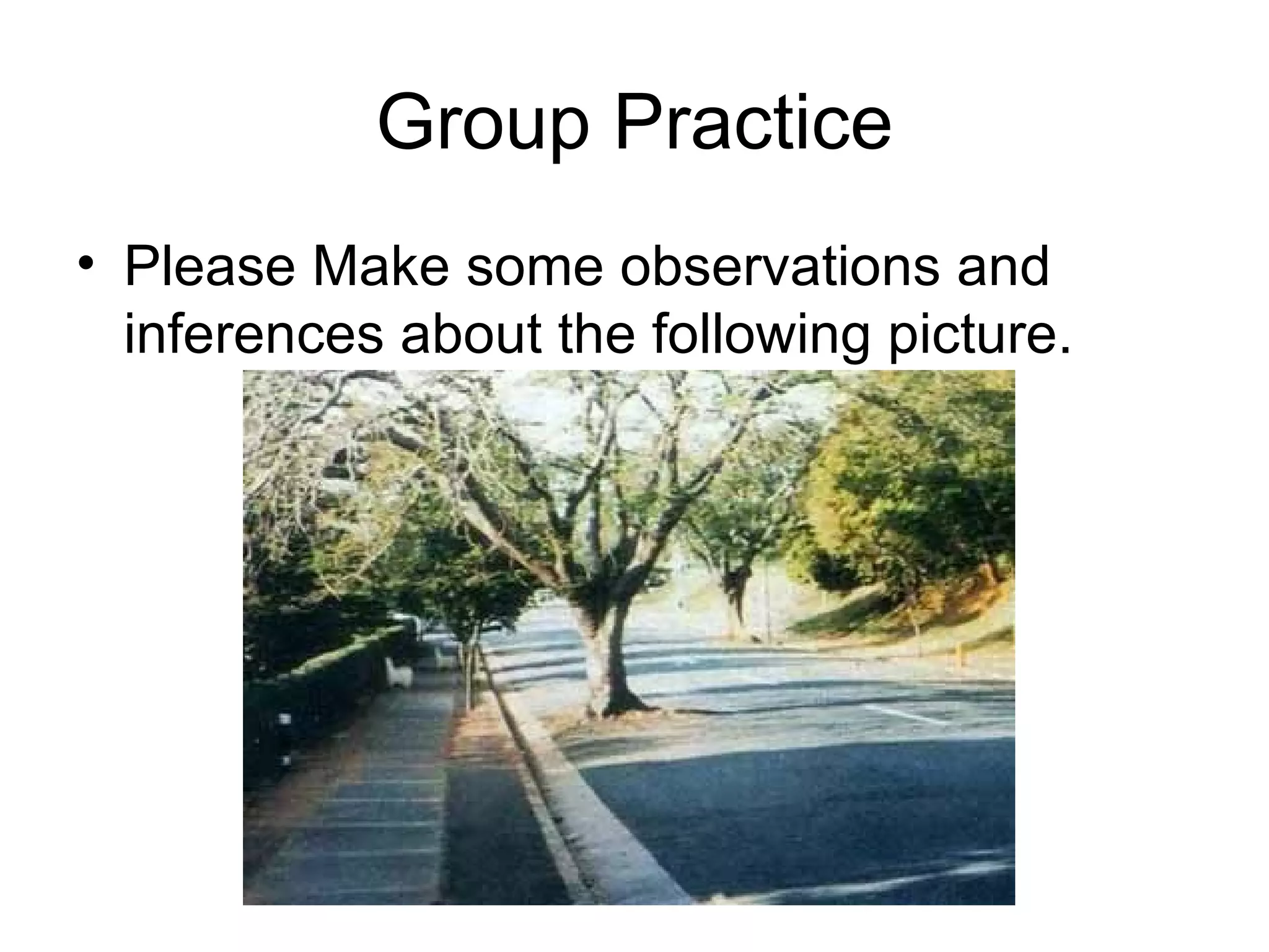 Group Practice Please Make some observations and inferences about the following picture.