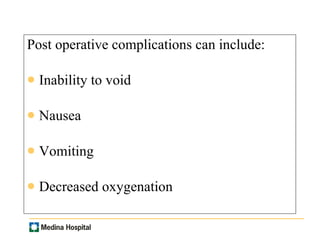 Post operative complications can include: Inability to void Nausea Vomiting Decreased oxygenation 