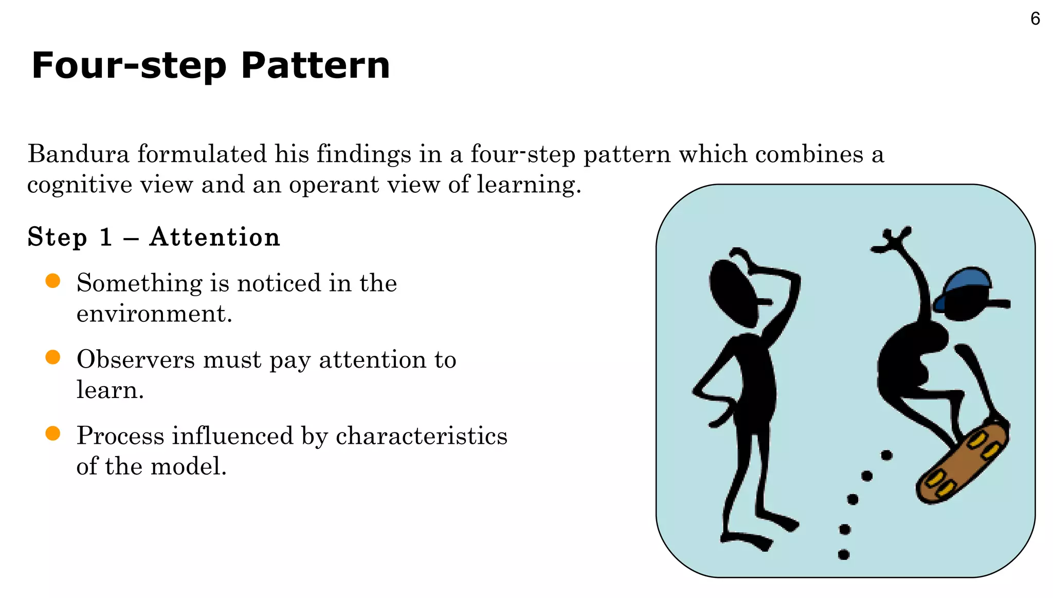 Four-step Pattern Bandura formulated his findings in a four-step pattern which combines a cognitive view and an operant view of learning. Step 1 – Attention Something is noticed in the environment. Observers must pay attention to learn. Process influenced by characteristics of the model. 