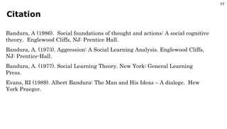 Citation Bandura, A (1986).  Social foundations of thought and actions: A social cognitive theory.  Englewood Cliffs, NJ: Prentice Hall. Bandura, A. (1973). Aggression: A Social Learning Analysis. Englewood Cliffs, NJ: Prentice-Hall.  Bandura, A. (1977). Social Learning Theory. New York: General Learning Press. Evans, RI (1989). Albert Bandura: The Man and His Ideas – A dialoge.  Hew York Praeger. 