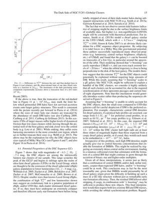 The Dark Side of NGC 5128’s Globular Clusters 15
105 106 107
Mdyn [M ]
10-1
100
101
102
103
∆Υdyn
V[M/L]
FIG. 11.— Difference in Υdyn
V between the red- and blue-dashed lines in
Figure 6 (red relation), and the observational limit of our data (black rela-
tion) as a function of Mdyn. The dominance of the dark gravitating mass
component exponentially increases above a truncation mass of a few times
105 M .
Ricotti 2003).
If the above is true, then the truncation of the red-dashed
line in Figure 11 at ∼ 105
Mdyn may mark the limit be-
low which primordial DM halos have not survived accretion
events onto larger galaxy structures. This result is consistent
with the picture recently put forward in Puzia et al. (2014)
where the sizes of outer halo star clusters are truncated by
the abundance of small DM halos (see also Carlberg 2009;
Carlberg et al. 2011; Carlberg & Grillmair 2013). In this sce-
nario, CSSs of larger masses suffer higher levels of dynamical
friction than low-mass clusters while moving through the po-
tential well of the host galaxy and sink closer in to the central
body (e.g. Lotz et al. 2001). While sinking, they suffer extra
harassing encounters in the more crowded core region, which
act to further truncate their sizes (e.g. Webb et al. 2013). The
above may be the explanation for why the DSC objects have
sizes typical of Milky Way GCs (see Figures 6 and 7, and also
Figure 16 in Puzia et al. 2014).
4.4. Potential Progenitors of the DSC Sequence GCs
Figure 7 shows that with magnitudes of −8.5 MV
−7.4 mag, the DSC objects are among the intrinsically
faintest star clusters of our sample. This range scratches the
peak of the GCLF and begins to infringe upon the realm of
ultra-faint dwarf galaxies (UFDs) in the Local Group, which
are thought to be the extension of the dwarf spheroidal (dSph)
galaxy population to lower luminosities (MV −8 mag; e.g.,
Willman et al. 2005; Zucker et al. 2006; Belokurov et al. 2007;
Zucker et al. 2007; McConnachie et al. 2009; Brown et al.
2012). Despite smaller sizes than known Local Group dSphs,
the combination of high Υdyn
V and low luminosities shown
may suggest an evolutionary link to a putative population of
dSph- and/or UFD-like, dark-matter dominated dwarf galax-
ies. If so, they must have undergone an extremely compact
and therefore efﬁcient early star-formation burst before being
tidally stripped of most of their dark-matter halos during sub-
sequent interactions with NGC 5128 (e.g. Smith et al. 2013a;
Garrison-Kimmel et al. 2014; Sawala et al. 2014).
The fact that we do not observe current tidal features indica-
tive of stripping might be due to the surface brightness limits
of available data, but higher (i.e. non-equilibrium) LOSVDs
might still be consistent with theoretical predictions. For in-
stance, Smith et al. (2013b) model a dwarf galaxy similar
to the UFD UMaII, which with σ = 6.7 km s−1
(implying
Υdyn
V ≈ 1000; Simon & Geha 2007) is an obvious likely can-
didate for a DSC sequence object progenitor. By subjecting
it to tidal forces in a Milky Way-like gravitational potential,
these authors successfully reproduced many observed prop-
erties (e.g. luminosity, central surface brightness, ellipticity,
etc.) of UMaII, and found that the galaxy’s σ can be boosted
on timescales of a few Gyr, in particular around the apocen-
tre of the orbit. Their modeling showed that “σ boosting” can
easily reproduce UMaII’s σ, and can even reach extreme lev-
els of >20 km s−1
when the orbital trajectory is close to being
perpendicular to the disk of the host galaxy. The models there-
fore suggest that the extreme Υdyn
V for the DSC objects could
potentially be explained without requiring large amounts of
DM. While this result, assuming that “σ boosting” scales to
a gE galaxy like NGC 5128, might be sufﬁcient to explain a
handful of the DSC clusters, we consider it highly unlikely
that all such clusters can be accounted for, due to the required
synchronization of their apocentre passages and current line-
of-sight alignments. Note that this mechanism would gener-
ally introduce scatter rather than producing the sequences ob-
served in Figure 6.
Assuming that “σ boosting” is unable to solely account for
the DSC objects, then the small sizes compared to UFD-like
galaxies call for careful skepticism if DM is the preferred ex-
planation. For example, characteristic central DM densities
for dwarf galaxies, if canonical halo proﬁles are assumed, can
range from 0.1 M pc−3
for preferred cored proﬁles, to as
much as 60 M pc−3
for cuspy proﬁles (e.g. Gilmore et al.
2007; Tollerud et al. 2011). In this case, the required DM
masses (MDM) of 1.6 · 105
< MDM/M < 5.4 · 106
and
corresponding densities (ρDM) of 40 < ρDM/M pc−3
<
4.5 · 104
within the DSC cluster half-light radii are at least
three orders of magnitude higher than those expected from a
cuspy dwarf galaxy proﬁle, or if cored, they would each need
to be embedded in ∼ 1014
− 1015
M halos.
Irrespective of this problem, such high DM densities might
actually give rise to central baryonic concentrations that en-
able the formation of IMBHs. This might be realized by trig-
gering an extremely dense central stellar environment, leading
to a runaway collisional event that culminates with the forma-
tion of a central BH that might continue to grow through the
accretion of binary star and higher-order multiplets.
Given all of these interpretations, it seems just as likely
that a combination of central IMBHs and/or dark stellar rem-
nants, cuspier-than-expected DM halos, and/or “σ boosting”
could be at work. This conclusion may in fact be the most
reasonable one, given that IMBHs would presumably be of
dwarf galaxy origin given the difﬁculty in building up such a
mass in a GC-like structure without just as remarkable early
star-formation efﬁciency. Then, the residual DM leftover after
stripping, if cuspy, in combination with “σ boosting”, may be
sufﬁcient to produce these new objects. This ﬁnal interpreta-
tion would then require both less extreme BH and DM masses,
while avoiding the orbital synchronization problem. Regard-
 