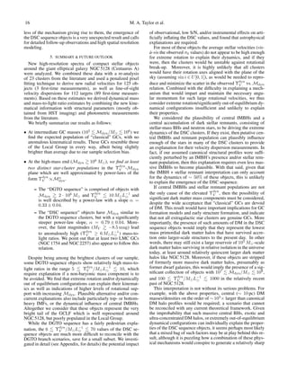 16 M. A. Taylor et al.
less of the mechanism giving rise to them, the emergence of
the DSC sequence objects is a very unexpected result and calls
for detailed follow-up observations and high spatial resolution
modeling.
5. SUMMARY & FUTURE OUTLOOK
New high-resolution spectra of compact stellar objects
around the giant elliptical galaxy NGC 5128 (Centaurus A)
were analyzed. We combined these data with a re-analysis
of 23 clusters from the literature and used a penalized pixel
ﬁtting technique to derive new radial velocities for 125 ob-
jects (3 ﬁrst-time measurements), as well as line-of-sight
velocity dispersions for 112 targets (89 ﬁrst-time measure-
ments). Based on these estimates we derived dynamical mass
and mass-to-light ratio estimates by combining the new kine-
matical information with structural parameters (mostly ob-
tained from HST imaging) and photometric measurements
from the literature.
We brieﬂy summarize our results as follows:
• At intermediate GC masses (105
Mdyn/M 106
) we
ﬁnd the expected population of “classical” GCs, with no
anomalous kinematical results. These GCs resemble those
of the Local Group in every way, albeit being slightly
brighter than average due to our sample selection bias.
• At the high-mass end (Mdyn 106
M ), we ﬁnd at least
two distinct star-cluster populations in the Υdyn
V -Mdyn
plane which are well approximated by power-laws of the
form Υdyn
V ∝Mα
dyn.
– The “DGTO sequence” is comprised of objects with
Mdyn 2 · 106
M and Υdyn
V 10 M L−1
and
is well described by a power-law with a slope α =
0.33 ± 0.04.
– The “DSC sequence” objects have Mdyn similar to
the DGTO sequence clusters, but with a signiﬁcantly
steeper power-law slope, α = 0.79 ± 0.04. More-
over, the faint magnitudes (MV −8.5 mag) lead
to anomalously high (Υdyn
V ≥ 6 M L−1
) mass-to-
light ratios. We point out that at least two LMC GCs
(NGC 1754 and NGC 2257) also appear to follow this
relation.
Despite being among the brightest clusters of our sample,
some DGTO sequence objects show relatively high mass-to-
light ratios in the range 5 Υdyn
V /M L−1
10, which
require explanation if a non-baryonic mass component is to
be avoided. We ﬁnd that extreme rotation and/or dynamically
out of equilibrium conﬁgurations can explain their kinemat-
ics as well as indications of higher levels of rotational sup-
port with increasing Mdyn. Plausible alternative and/or con-
current explanations also include particularly top- or bottom-
heavy IMFs, or the dynamical inﬂuence of central IMBHs.
Altogether we consider that these objects represent the very
bright tail of the GCLF which is well represented around
NGC 5128, but poorly populated in the Local Group.
While the DGTO sequence has a fairly pedestrian expla-
nation, the 6 Υdyn
V /M L−1
70 values of the DSC se-
quence objects are much more difﬁcult to reconcile with the
DGTO branch scenarios, save for a small subset. We investi-
gated in detail (see Appendix, for details) the potential impact
of observational, low S/N, and/or instrumental effects on arti-
ﬁcially inﬂating the DSC values, and found that astrophysical
explanations are required.
For most of these objects the average stellar velocities (vis-
`a-vis the observed σ0 values) do not appear to be high enough
for extreme rotation to explain their dynamics, and if they
were, then the clusters would be unstable against rotational
break-up. Moreover, it is highly unlikely that all clusters
would have their rotation axes aligned with the plane of the
sky (assuming sin i ∈ U[0, 1]), as would be needed to repro-
duce and minimize the scatter in the observed Υdyn
V vs. Mdyn
relation. Combined with the difﬁculty in explaining a mech-
anism that would impart and maintain the necessary angu-
lar momentum for such large rotational velocities, we thus
consider extreme rotation/signiﬁcantly out-of-equilibrium dy-
namical conﬁgurations insufﬁcient and unlikely to explain
their properties.
We considered the plausibility of central IMBHs and a
central accumulation of dark stellar remnants, consisting of
stellar-mass BHs and neutron stars, to be driving the extreme
dynamics of the DSC clusters. If they exist, then putative cen-
tral IMBHs and remnant population can plausibly inﬂuence
enough of the stars in many of the DSC clusters to provide
an explanation for their velocity dispersion measurements. In
fact, if our assumed canonical structural proﬁles were sufﬁ-
ciently perturbed by an IMBH’s presence and/or stellar rem-
nant population, then this explanation requires even less mas-
sive IMBHs to become plausible. With that said, given that
the IMBH + stellar remnant interpretation can only account
for the dynamics of ∼ 50% of these objects, this is unlikely
to explain the emergence of the DSC sequence.
If central IMBHs and stellar remnant populations are not
the only cause of the elevated Υdyn
V , then the possibility of
signiﬁcant dark matter mass components must be considered,
despite the wide acceptance that “classical” GCs are devoid
of DM. This result would have important implications for GC
formation models and early structure formation, and indicate
that not all extragalactic star clusters are genuine GCs. More
importantly, the presence of such amounts of DM in the DSC
sequence objects would imply that they represent the lowest
mass primordial dark matter halos that have survived accre-
tion onto larger-scale structures to the present day. In other
words, there may still exist a large reservoir of 105
M -scale
dark matter halos surviving in relative isolation in the universe
today, at least around relatively quiescent larger dark matter
halos like NGC 5128. Moreover, if these objects are stripped
of formerly more massive dark matter halos, presumably as
former dwarf galaxies, this would imply the presence of a sig-
niﬁcant collection of objects with 107
Mdyn/M 108
,
and 100 Υdyn
V /M L−1
1000 in the relatively recent
past of NGC 5128.
This interpretation is not without its serious problems. For
example, with the above properties, central (∼ 10 pc) DM
masses/densities on the order of ∼103
× larger than canonical
DM halo proﬁles would be required; a scenario that cannot
be reconciled with any current theoretical framework. Given
the improbability that such massive central BHs, exotic and
ultra-concentrated DM halos, or extremely out-of-equilibrium
dynamical conﬁgurations can individually explain the proper-
ties of the DSC sequence objects, it seems perhaps most likely
that a mixed bag of such factors may be at play behind this re-
sult, although it is puzzling how a combination of these phys-
ical mechanisms would conspire to generate a relatively sharp
 