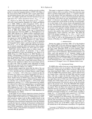 2 M. A. Taylor et al.
are very accessible observationally, and thus provide excellent
probes to study the formation history of NGC 5128. Many of
the most massive NGC 5128 GCs show a more rapid chemi-
cal enrichment history than Local Group GCs (Colucci et al.
2013), and exhibit signiﬁcantly elevated dynamical mass-to-
light ratios (Υdyn
V ) above dynamical masses, Mdyn 2 · 106
M (Taylor et al. 2010). This sharp upturn of Υdyn
V is consis-
tent with a trend found by Has¸egan et al. (2005) and Mieske
et al. (2006, 2008a) in other extragalactic GCSs, and re-
quires either non-equilibrium dynamical states, such as rota-
tion or pre-relaxation (Varri & Bertin 2012; Bianchini et al.
2013), younger than expected stellar components (e.g. Be-
din et al. 2004; Piotto 2008a), exotic top- or bottom-heavy
stellar initial mass functions (IMFs; e.g. Dabringhausen et al.
2008, 2009; Mieske et al. 2008b) or/and a signiﬁcant contri-
bution by non-baryonic matter or massive central black holes
(BHs). While there is an ongoing debate whether the latter
two options are valid for Milky Way GCs (see e.g. Conroy et
al. 2011; Ibata et al. 2013; L¨utzgendorf et al. 2011; Strader
et al. 2012; Lanzoni et al. 2013; Sun et al. 2013; Kruijssen
& L¨utzgendorf 2013), there is growing evidence for the pres-
ence of 105
−108
M BHs signiﬁcantly affecting the dynam-
ics of similarly structured, albeit more massive, ultra-compact
dwarf galaxies (UCDs; Mieske et al. 2013; Seth et al. 2014).
NGC 5128’s GCS has been shown to follow trends sim-
ilar to other giant galaxies. In particular, it has a multi-
modal distribution in color and metallicity (e.g. Harris et al.
2002b; Peng et al. 2004; Beasley et al. 2008; Woodley et al.
2010b), corresponding to at least two and possibly three dis-
tinct GC generations. Moreover, the prominent dust-lane and
faint shells in the galaxy surface brightness distribution (Ma-
lin et al. 1983), along with a young tidal stream (Peng et al.
2002) provide signiﬁcant evidence for recent merger activity
on a kpc scale, while on smaller scales indications of strong
tidal forces are seen in the form of extra-tidal light associated
with individual GCs (Harris et al. 2002a).
Recent models support the notion that the bulk of the star
formation leading to massive elliptical galaxies is complete by
z ≈ 3 (i.e. the ﬁrst few Gyr of cosmic history), while it takes
until z < 0.4 before ∼ 80% of the mass is locked up after the
accretion of as many as ﬁve massive progenitors (e.g. De Lu-
cia et al. 2006; De Lucia & Blaizot 2007; Marchesini et al.
2014). Studies based on Hubble Space Telescope (HST) data
in the mid- to outer-halo regions of NGC 5128 generally con-
cur with this view, in that the majority (∼ 80%) of the stellar
population is ancient ( 11−12 Gyr) and formed very rapidly,
as evidenced by [α/Fe] ratios approaching or exceeding twice
solar values (e.g. Harris et al. 1999; Harris & Harris 2000,
2002; Rejkuba et al. 2011). This older population is comple-
mented by a signiﬁcantly younger component, forming on the
order of a few Gyr ago (e.g. Soria et al. 1996; Marleau et al.
2000; Rejkuba et al. 2003).
In this paper we use velocity dispersion estimates based on
high-resolution spectra to derive dynamical masses for a large
sample of NGC 5128’s GCS (see e.g., Chilingarian et al. 2011,
who carried out similar work on ultra-compact dwarfs in the
Fornax cluster). We combine the newly derived dynamical
information with well-known luminosities from the literature
to probe the baryonic makeup and dynamical conﬁgurations
of the CSSs. The results are then used to classify several dis-
tinct CSS/GC populations, which are discussed in the context
of likely origins, with potential consequences for GCSs that
surround other gE galaxies.
This paper is organized as follows. § 2 describes the obser-
vations made as well as an outline of the data reduction steps
taken to produce high-quality spectra. § 3 contains informa-
tion on the analysis that was undertaken on the new spectro-
scopic observations, as well as structural parameter data from
the literature with which our new measurements were com-
bined. § 4 discusses our results by using sizes, masses and
mass-to-light ratios of GCs/CSSs to develop several hypothe-
ses on the origins of the various cluster sub-populations that
we ﬁnd. The main text concludes with § 5, which summarizes
our new measurements and results. Following the main text,
we present in the appendix multiple detailed tests which rule
out spurious results due to several possible sources includ-
ing poor data quality, data analysis biases, fore/background
contamination, target confusion, and others. We adopt the
NGC 5128 distance modulus of (m−M)0 = 27.88 ± 0.05
mag, corresponding to a distance of 3.8 ± 0.1 Mpc (Harris
et al. 2010), as well as the homogenized GC identiﬁcation
scheme of Woodley et al. (2007) throughout this work.
2. OBSERVATIONS
During ﬁve nights in June/July 2008, 123 of the brightest
GCs around NGC 5128 were observed using the Fibre Large
Array Multi-Element Spectrograph (FLAMES) instrument at
the Very Large Telescope (VLT) on Cerro Paranal, Chile.
FLAMES is a multi-object spectrograph mounted at the Nas-
myth A focus of UT2 (Kueyen). The instrument features 132
ﬁbres, each with apertures of 1.2 diameter, linked to the
intermediate-high resolution (7 000 ≤ R ≤ 30 000) GIRAFFE
spectrograph, with an additional eight 1.0 ﬁbres connected to
the high resolution (R≈47 000) UVES spectrograph mounted
at the Nasmyth B focus, thus, allowing for simultaneous ob-
servations of 139 targets3
over a 25 diameter ﬁeld of view.
2.1. Instrumental Setup
FLAMES often suffers from one or more broken ﬁbres, and
these observations were no exception. The ﬁrst night of ob-
servations, comprising the ﬁrst three of eleven 2 400 second
long observing blocks (OBs), were conducted with the ﬁrst
of two FLAMES ﬁbre positioner plates, which suffered from
two broken ﬁbres, while the last eight OBs used the second
plate, with only a single, but distinct, broken ﬁbre. For this
reason, the total number of targets observed was 138, includ-
ing eight ﬁbres fed to UVES, and 130 to GIRAFFE. Unfor-
tunately the UVES targets were of too low data quality for
useful measurements to be derived, and so we do not include
them in the present work. From the GIRAFFE ﬁbre budget,
13 were allocated to recording the sky contribution to the tar-
get signals. These sky ﬁbres were used near the end of the data
reduction process to perform an adaptive sky subtraction. In
summary, we obtained spectra of 117 bright GCs using GI-
RAFFE in the high resolution (R 25 900) mode, recording a
single ∆λ = 21.3 nm echelle order centred at λ = 525.8 nm,
covering the wavelength range 515.2 λ 536.5 nm.
Table 1 summarizes our observations. The overall exposure
times were 26 400 s; however, three GCs (GC 0310, GC 0316
and GC 426) inevitably suffered from broken ﬁbres, limiting
the total integration times to 19 200 s, 7 200 s, and 7 200 s, re-
spectively. In the case of GC 0058 a single exposure had to
be omitted due to the unfortunate coincidence of a signiﬁcant
3 In principle 132 GIRAFFE ﬁbres are allocatable, but only 131 are fully
covered on the detector; therefore, the sum of GIRAFFE+UVES available
ﬁbres is 139.
 