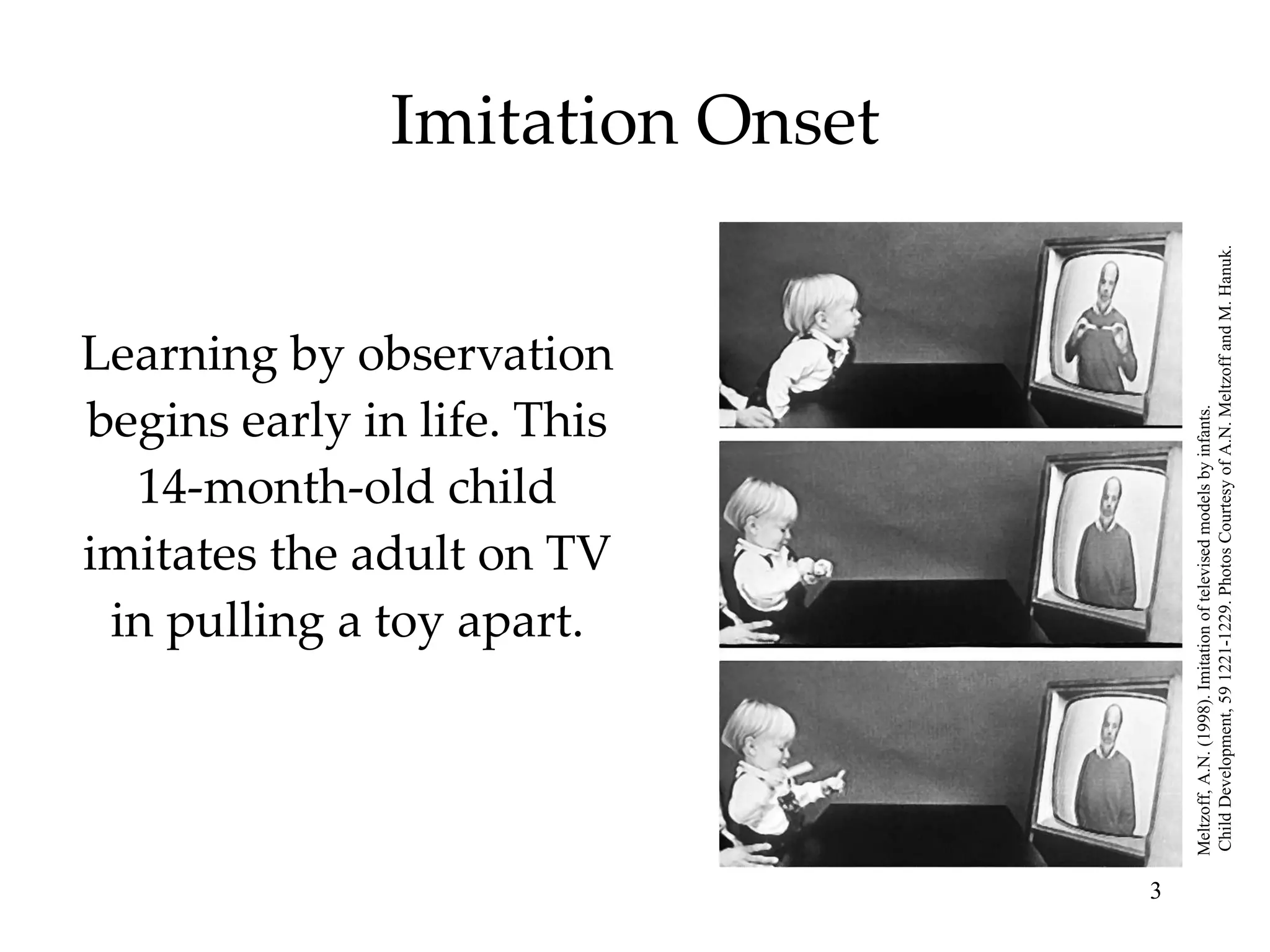 Imitation Onset Learning by observation begins early in life. This 14-month-old child imitates the adult on TV in pulling a toy apart. Meltzoff, A.N. (1998). Imitation of televised models by infants. Child Development, 59 1221-1229. Photos Courtesy of A.N. Meltzoff and M. Hanuk. 