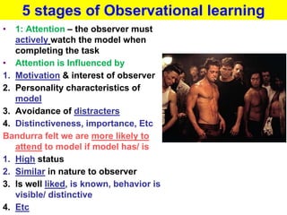 5 stages of Observational learning
•  1: Attention – the observer must
   actively watch the model when
   completing the task
• Attention is Influenced by
1. Motivation & interest of observer
2. Personality characteristics of
   model
3. Avoidance of distracters
4. Distinctiveness, importance, Etc
Bandurra felt we are more likely to
   attend to model if model has/ is
1. High status
2. Similar in nature to observer
3. Is well liked, is known, behavior is
   visible/ distinctive
4. Etc
 