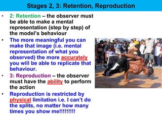 Stages 2, 3: Retention, Reproduction
•   2: Retention – the observer must
    be able to make a mental
    representation (step by step) of
    the model’s behaviour
•   The more meaningful you can
    make that image (i.e. mental
    representation of what you
    observed) the more accurately
    you will be able to replicate that
    behaviour.
•   3: Reproduction – the observer
    must have the ability to perform
    the action
•   Reproduction is restricted by
    physical limitation i.e. I can’t do
    the splits, no matter how many
    times you show me!!!!!!!!!
 