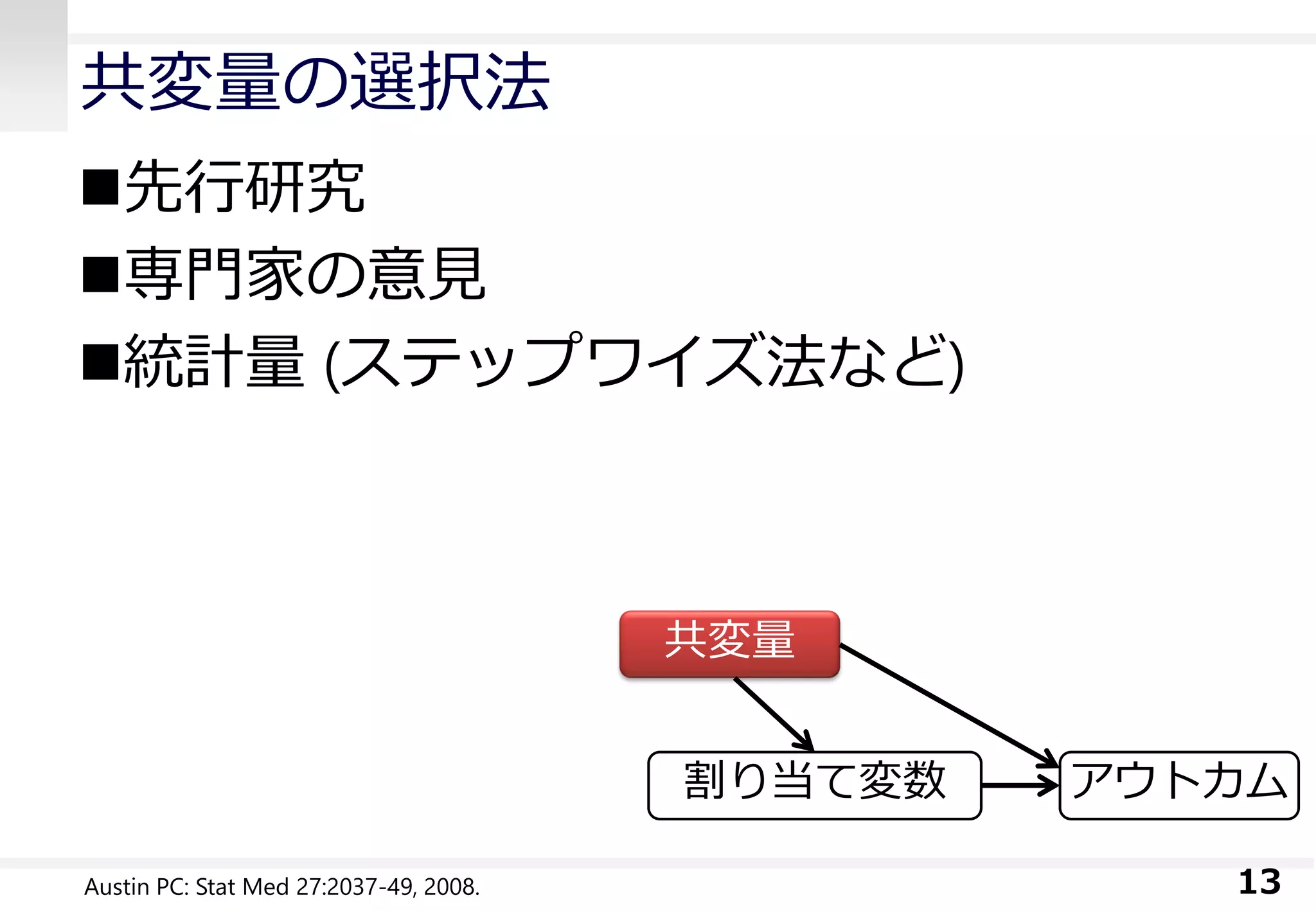 共変量の選択法
先行研究
専門家の意見
統計量 (ステップワイズ法など)
13Austin PC: Stat Med 27:2037-49, 2008.
共変量
アウトカム割り当て変数
 