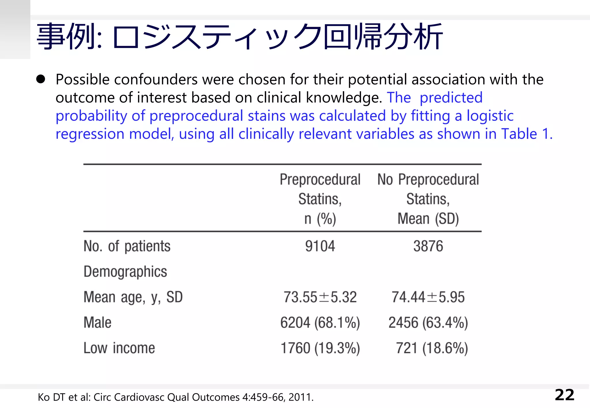 事例: ロジスティック回帰分析
22
 Possible confounders were chosen for their potential association with the
outcome of interest based on clinical knowledge. The predicted
probability of preprocedural stains was calculated by fitting a logistic
regression model, using all clinically relevant variables as shown in Table 1.
Ko DT et al: Circ Cardiovasc Qual Outcomes 4:459-66, 2011.
 