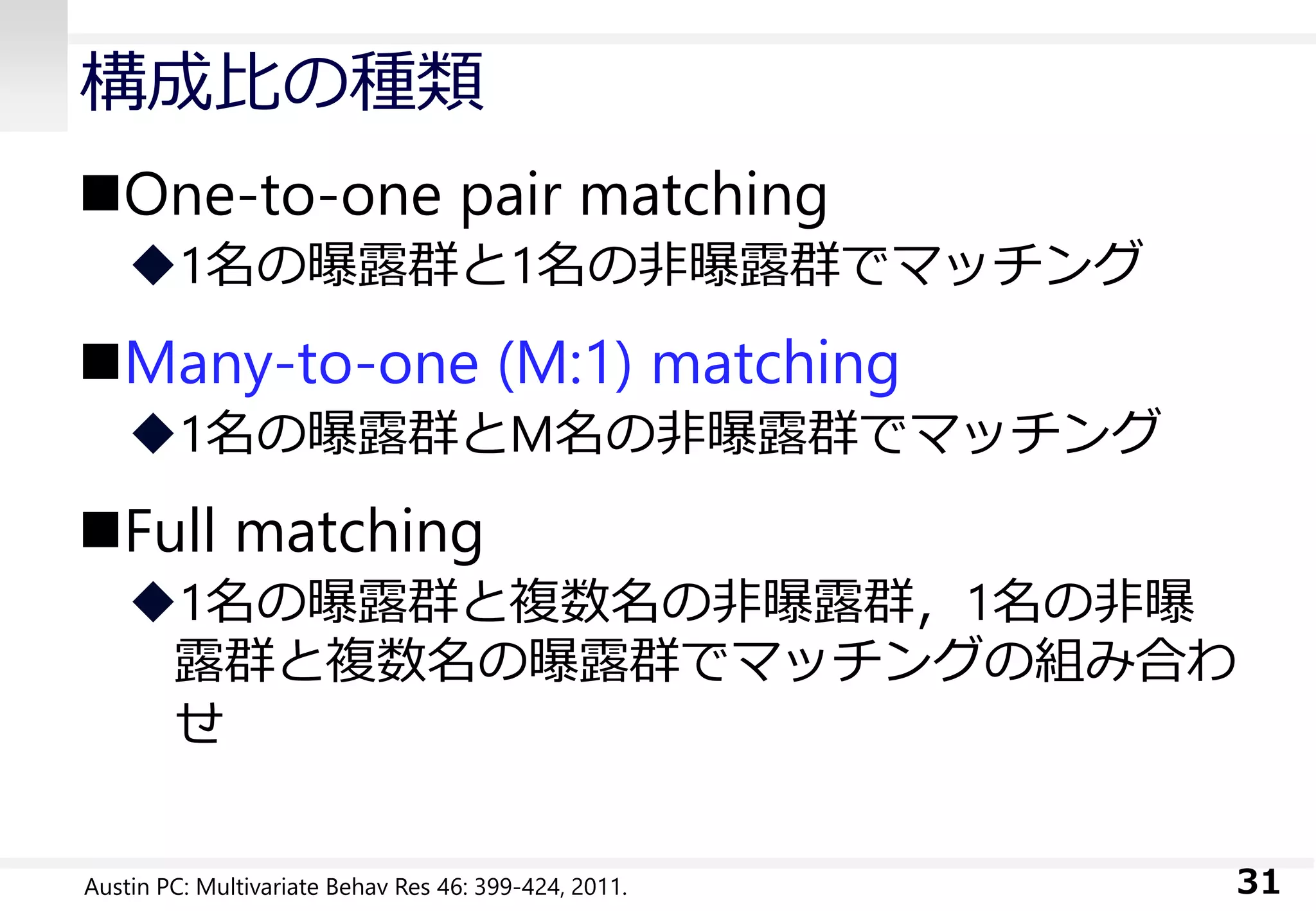 構成比の種類
One-to-one pair matching
1名の曝露群と1名の非曝露群でマッチング
Many-to-one (M:1) matching
1名の曝露群とM名の非曝露群でマッチング
Full matching
1名の曝露群と複数名の非曝露群，1名の非曝
露群と複数名の曝露群でマッチングの組み合わ
せ
31Austin PC: Multivariate Behav Res 46: 399-424, 2011.
 