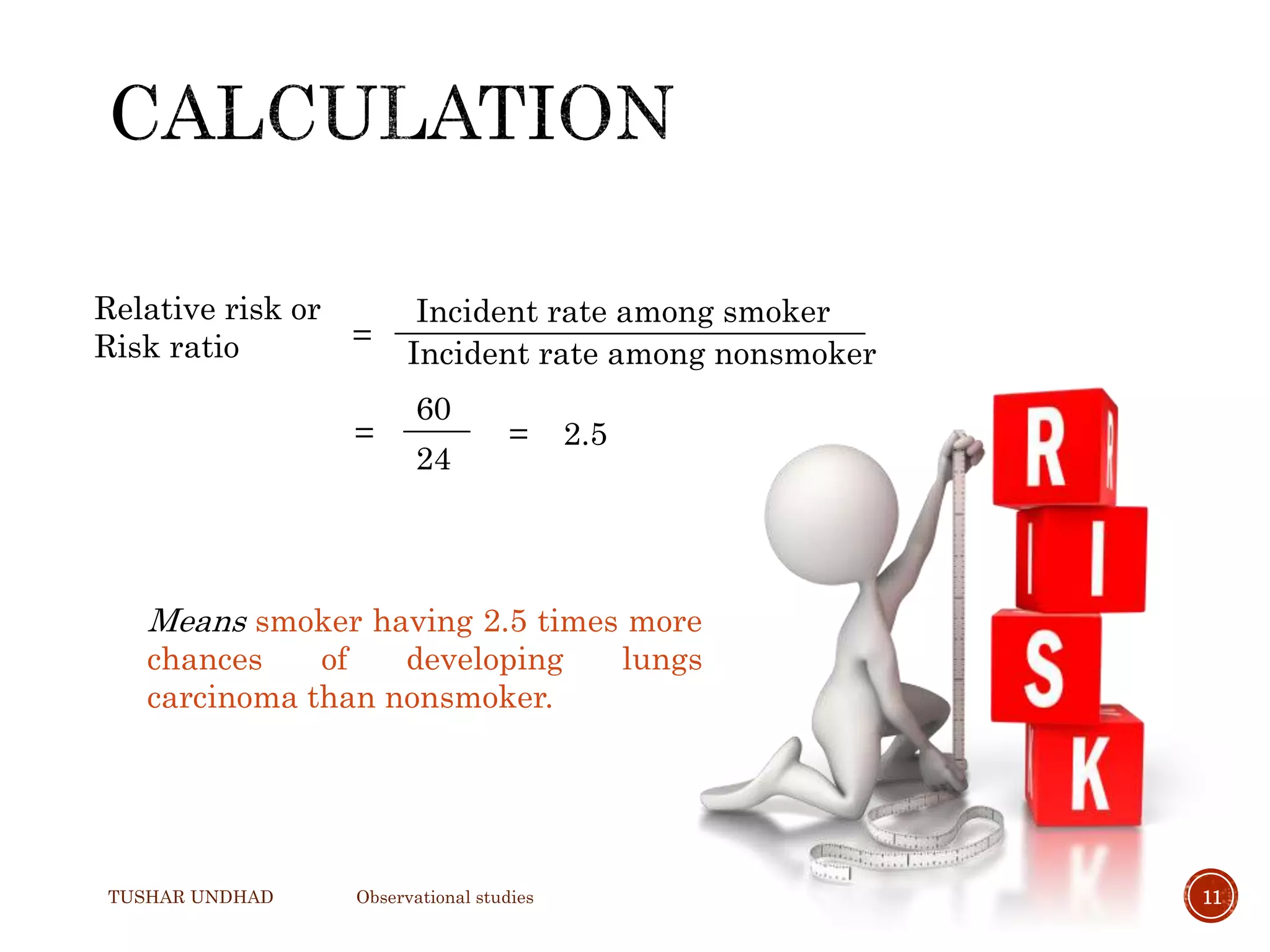 TUSHAR UNDHAD Observational studies 11
Relative risk or
Risk ratio =
Incident rate among smoker
Incident rate among nonsmoker
=
60
24
= 2.5
Means smoker having 2.5 times more
chances of developing lungs
carcinoma than nonsmoker.
 