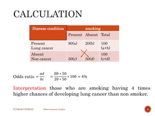 TUSHAR UNDHAD Observational studies 21
Odds ratio =
𝑎𝑑
𝑏𝑐
=
80 ∗ 50
20 ∗ 50
∗ 100 = 4%
Disease condition smoking
Present Absent Total
Present
Lung cancer
80(a) 20(b) 100
(a+b)
Absent
Non cancer 50(c) 50(d)
100
(c+d)
Interpretation those who are smoking having 4 times
higher chances of developing lung cancer than non smoker.
 
