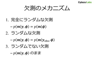 欠測のメカニズム
1. 完全にランダムな欠測
– 𝑝 𝒎 𝒚, 𝝓 = 𝑝 𝒎 𝝓
2. ランダムな欠測
– 𝑝 𝒎 𝒚, 𝝓 = 𝑝 𝒎 𝒚obs, 𝝓
3. ランダムでない欠測
– 𝑝 𝒎 𝒚, 𝝓 のまま
 