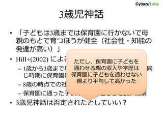 3歳児神話
• 「子どもは3歳までは保育園に行かないで母
親のもとで育つほうが健全（社会性・知能の
発達が高い）」
• Hill+(2002) による調査
– 1歳から3歳まで母親のもとで育った子どもと、同
じ時期に保育園に通っていた子どもを追跡調査
– 8歳の時点での社会性得点と知能検査を比較
– 保育園に通った子供のほうがどちらも良い成績
• 3歳児神話は否定されたとしていい？
ただし、保育園に子どもを
通わせる親の収入や学歴は
保育園に子どもを通わせない
親より平均して高かった
 