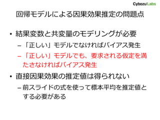 回帰モデルによる因果効果推定の問題点
• 結果変数と共変量のモデリングが必要
– 「正しい」モデルでなければバイアス発生
– 「正しい」モデルでも、要求される仮定を満
たさなければバイアス発生
• 直接因果効果の推定値は得られない
– 前スライドの式を使って標本平均を推定値と
する必要がある
 