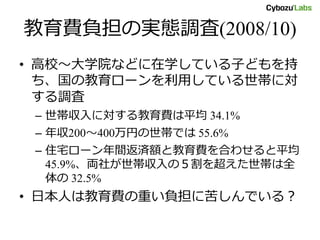 教育費負担の実態調査(2008/10)
• 高校～大学院などに在学している子どもを持
ち、国の教育ローンを利用している世帯に対
する調査
– 世帯収入に対する教育費は平均 34.1%
– 年収200～400万円の世帯では 55.6%
– 住宅ローン年間返済額と教育費を合わせると平均
45.9%、両社が世帯収入の５割を超えた世帯は全
体の 32.5%
• 日本人は教育費の重い負担に苦しんでいる？
 