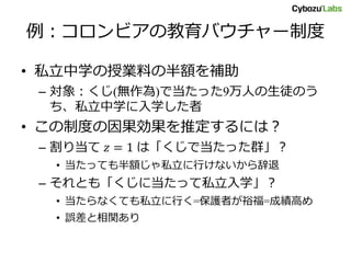 例：コロンビアの教育バウチャー制度
• 私立中学の授業料の半額を補助
– 対象：くじ(無作為)で当たった9万人の生徒のう
ち、私立中学に入学した者
• この制度の因果効果を推定するには？
– 割り当て 𝑧 = 1 は「くじで当たった群」？
• 当たっても半額じゃ私立に行けないから辞退
– それとも「くじに当たって私立入学」？
• 当たらなくても私立に行く=保護者が裕福=成績高め
• 誤差と相関あり
 