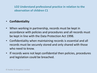 • When working in partnership, records must be kept in
accordance with policies and procedures and all records must
be kept in line with the Data Protection Act 1998.
• Confidentiality when maintaining records is essential and all
records must be securely stored and only shared with those
who need to know.
• If records were not kept confidential then policies, procedures
and legislation could be breached.
• Confidentiality
© Hodder & Stoughton Limited
LO2 Understand professional practice in relation to the
observation of children C1
 