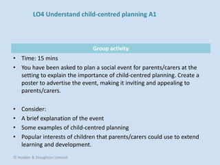 Group activity
• Time: 15 mins
• You have been asked to plan a social event for parents/carers at the
setting to explain the importance of child-centred planning. Create a
poster to advertise the event, making it inviting and appealing to
parents/carers.
• Consider:
• A brief explanation of the event
• Some examples of child-centred planning
• Popular interests of children that parents/carers could use to extend
learning and development.
© Hodder & Stoughton Limited
LO4 Understand child-centred planning A1
 