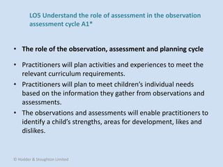 • Practitioners will plan activities and experiences to meet the
relevant curriculum requirements.
• Practitioners will plan to meet children’s individual needs
based on the information they gather from observations and
assessments.
• The observations and assessments will enable practitioners to
identify a child’s strengths, areas for development, likes and
dislikes.
• The role of the observation, assessment and planning cycle
© Hodder & Stoughton Limited
LO5 Understand the role of assessment in the observation
assessment cycle A1*
 