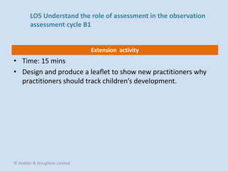 Extension activity
• Time: 15 mins
• Design and produce a leaflet to show new practitioners why
practitioners should track children’s development.
© Hodder & Stoughton Limited
LO5 Understand the role of assessment in the observation
assessment cycle B1
 