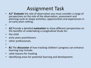 • A1* Evaluate the role of observation you must consider a range of
perspectives on the role of the observation, assessment and
planning cycle to shape activities, opportunities and experiences in
an early years setting.
•
• A2 Provide a detailed evaluation to show different perspectives on
the benefits of undertaking a Longitudinal Study for:
• the child
• early years practitioners
• other professionals.
•
• B1 The discussion of how tracking children's progress can enhance
learning may include:
• valid reasons for tracking
• identifying areas for potential learning and development.
Assignment Task
 